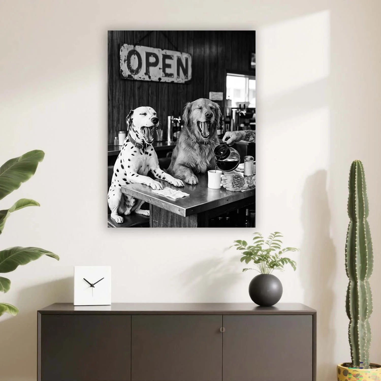 Dogs at the Coffee Bar Canvas Wall Art – Funny Black & White Café Décor | PrintToucan - PrintToucanCanvas Wall ArtPrinttoucan-12 x 16-1.5‘’