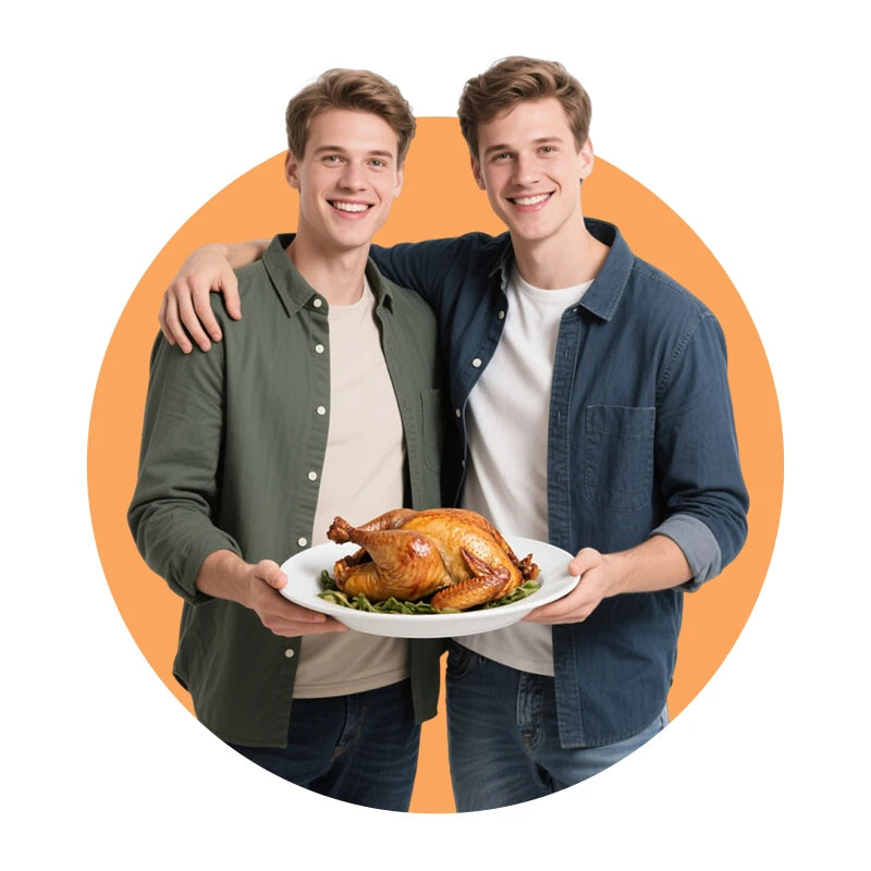 Two young men holding roasted turkey plate, custom gift ideas for friends and siblings | PrintToucan