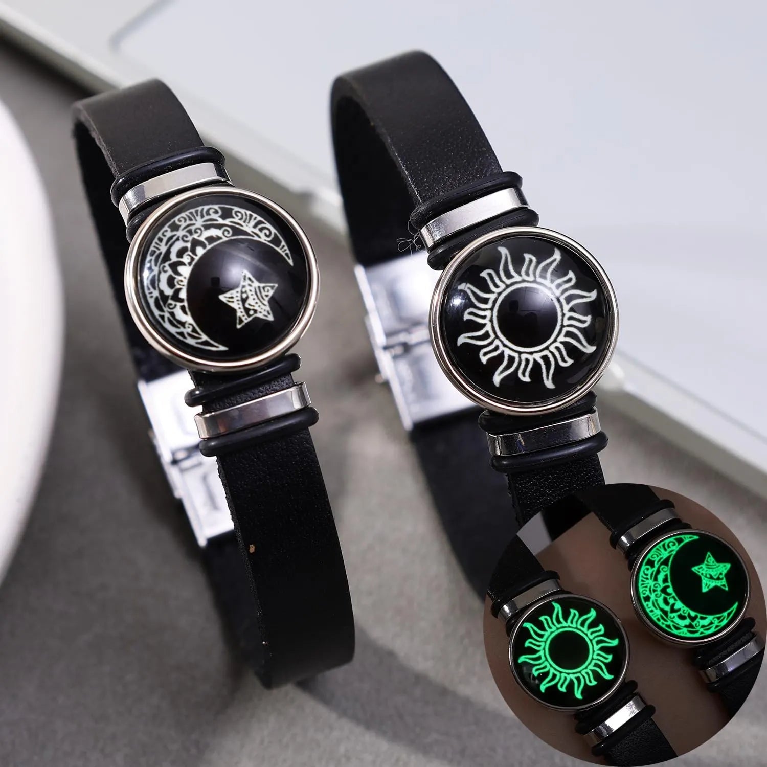 Gemstone Bracelet 2Pcs Glass Sun Moon Luminous Vintage Couple Handmade USA Made PrintToucan - PrintToucanStandard