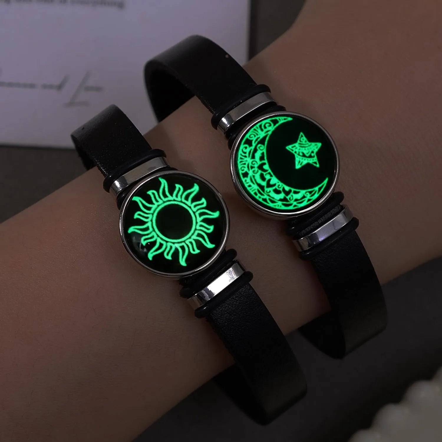 Gemstone Bracelet 2Pcs Glass Sun Moon Luminous Vintage Couple Handmade USA Made PrintToucan - PrintToucanStandard