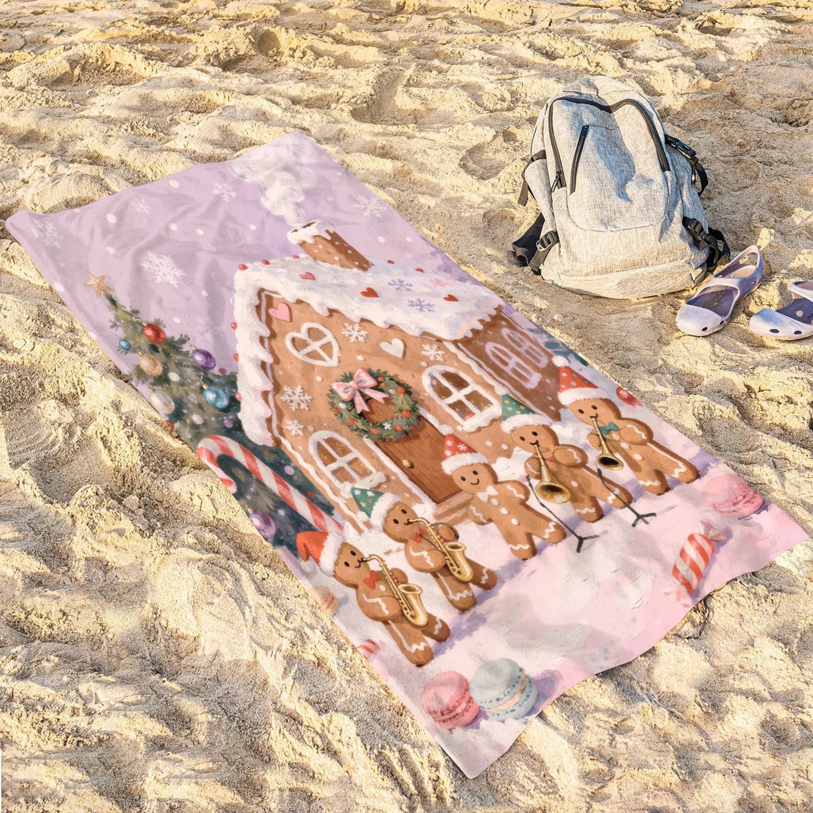 Large Bath Towel 310g Polyester Christmas Gingerbread House Band Festive Use Best Absorbent Bath Towels PrintToucan - PrintToucanChrismas Gift