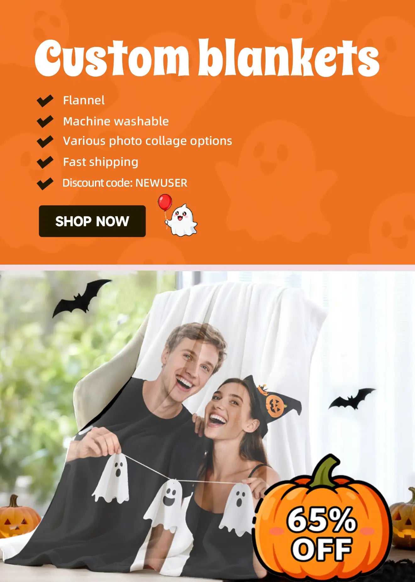 Orange Halloween themed banner featuring a smiling couple using a custom flannel blanket with ghost patterns, surrounded by pumpkins and bats, Mobile version