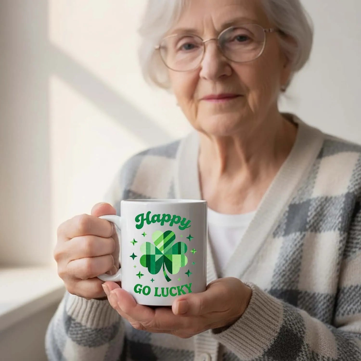 St. Patrick's Day Mug Happy Go Lucky Plaid Shamrock Clover Green Sparkle Ceramic Coffee Tea Cup Holiday Gift For Home Kitchen Decor PrintToucan - PrintToucanSt. Patrick’s DayPT-MUG-11OZ-LOVERS