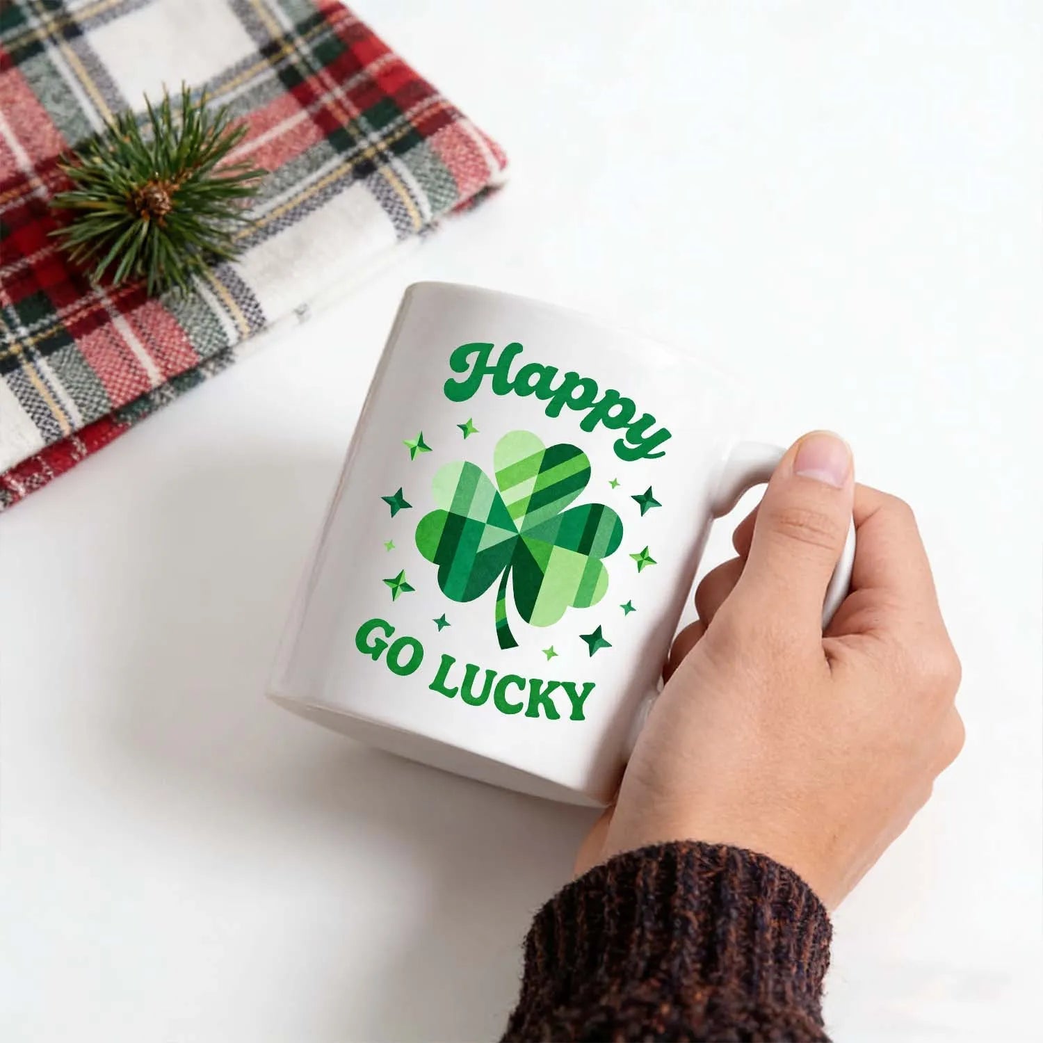St. Patrick's Day Mug Happy Go Lucky Plaid Shamrock Clover Green Sparkle Ceramic Coffee Tea Cup Holiday Gift For Home Kitchen Decor PrintToucan - PrintToucanSt. Patrick’s DayPT-MUG-11OZ-LOVERS
