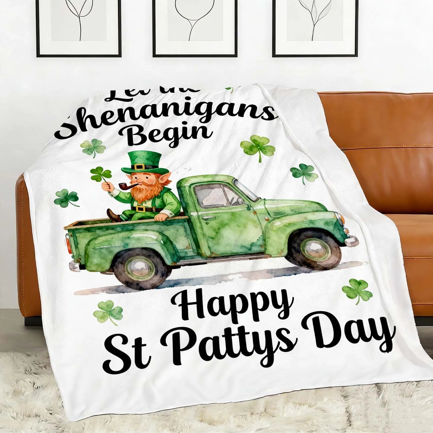 Throw Blanket St Patricks Day Let The Shenanigans Begin Leprechaun Truck Shamrock Flannel Blanket Home Decor PrintToucan - PrintToucanSt. Patrick’s Day