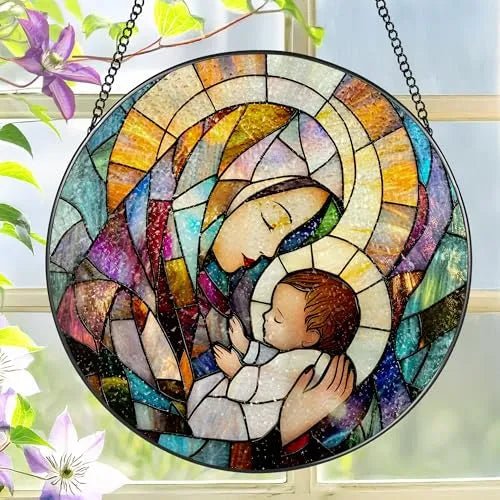 Virgin Mary Acrylic Hanging Ornament With Chain Stained Glass Catholic Suncatcher Window Decor PrintToucan - PrintToucanHome DecorACRYLIC-CROSS-MTN-20