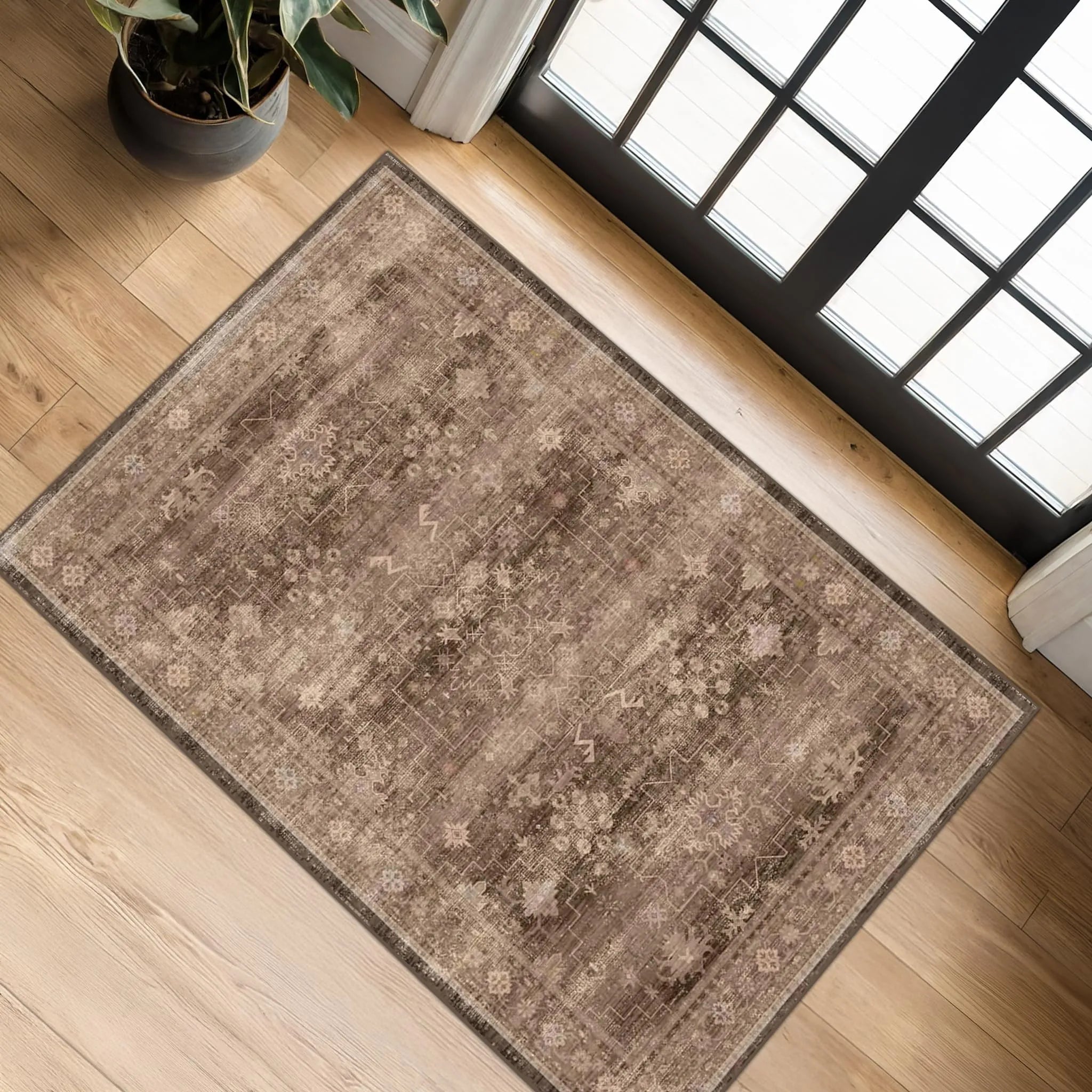 Warm Taupe Distressed Traditional Area Rug Neutral Vintage Oriental Floor Covering PrintToucan - PrintToucanRugPrinttoucan-16" x 24"