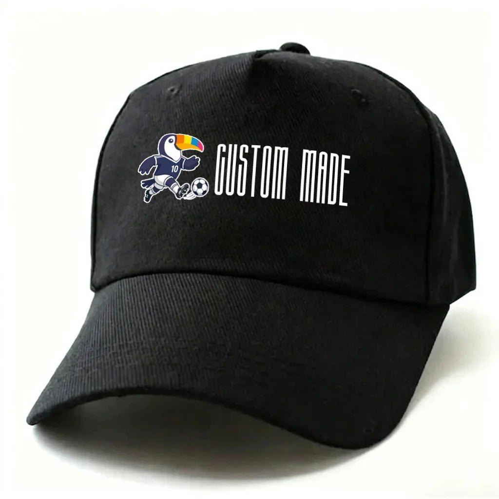 This classic black dad hat is fully customizable! Add your name, number, or favorite quote alongside our soccer toucan design for a unique, sporty look.