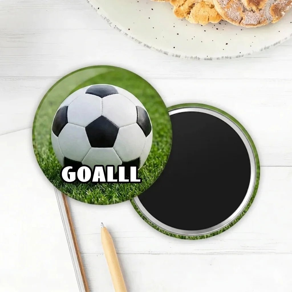 Celebrate the game with this soccer-themed fridge magnet! Featuring a realistic football print and bold "GOALLL" text, it’s the perfect sports decor for your kitchen