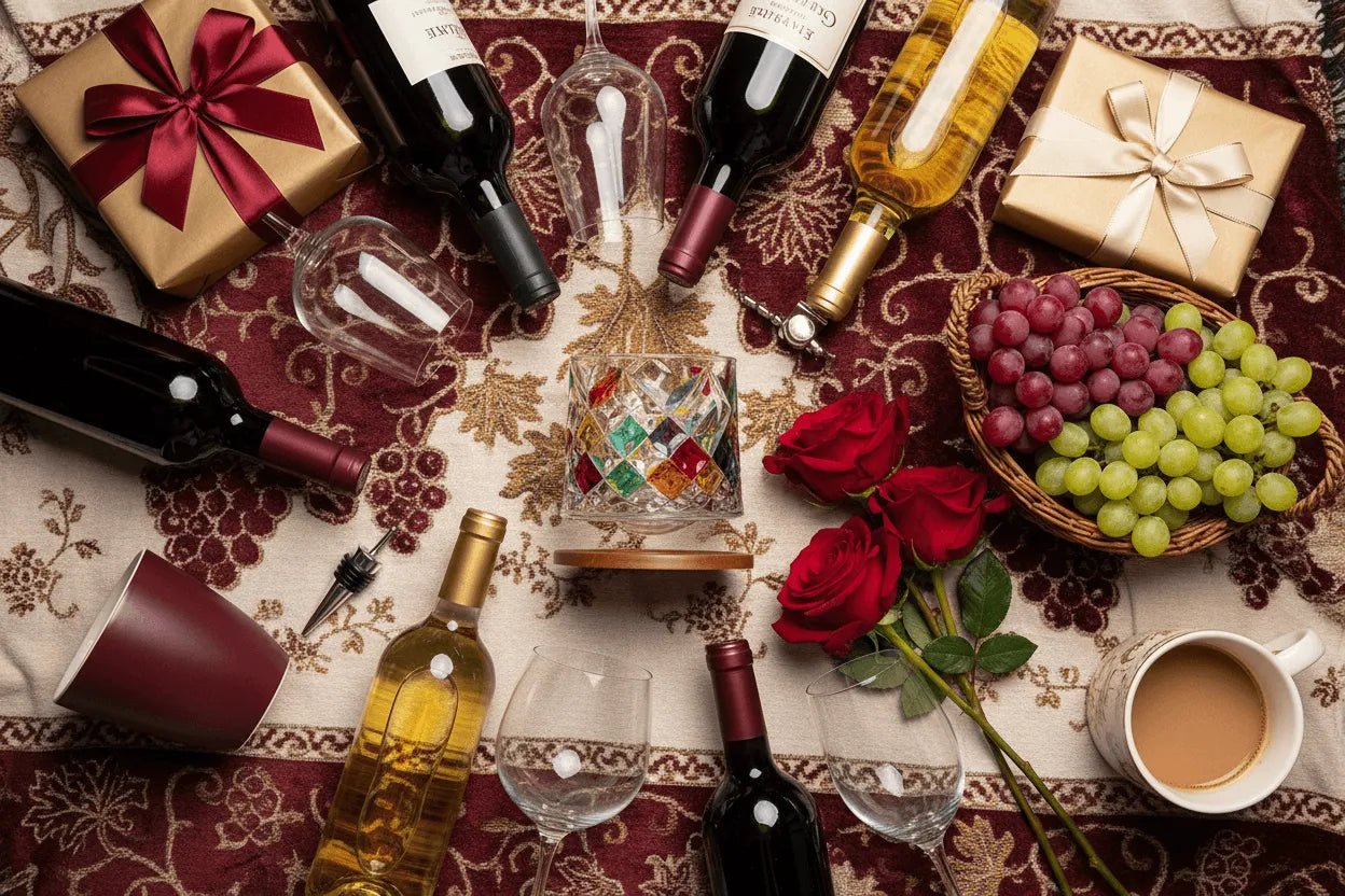 Wine gift ideas for wine lovers featuring colored rotating whiskey cup, wine bottles, wine glasses, grapes, roses, gift boxes and Valentine's Day presents - 59 unique gift guide 2026