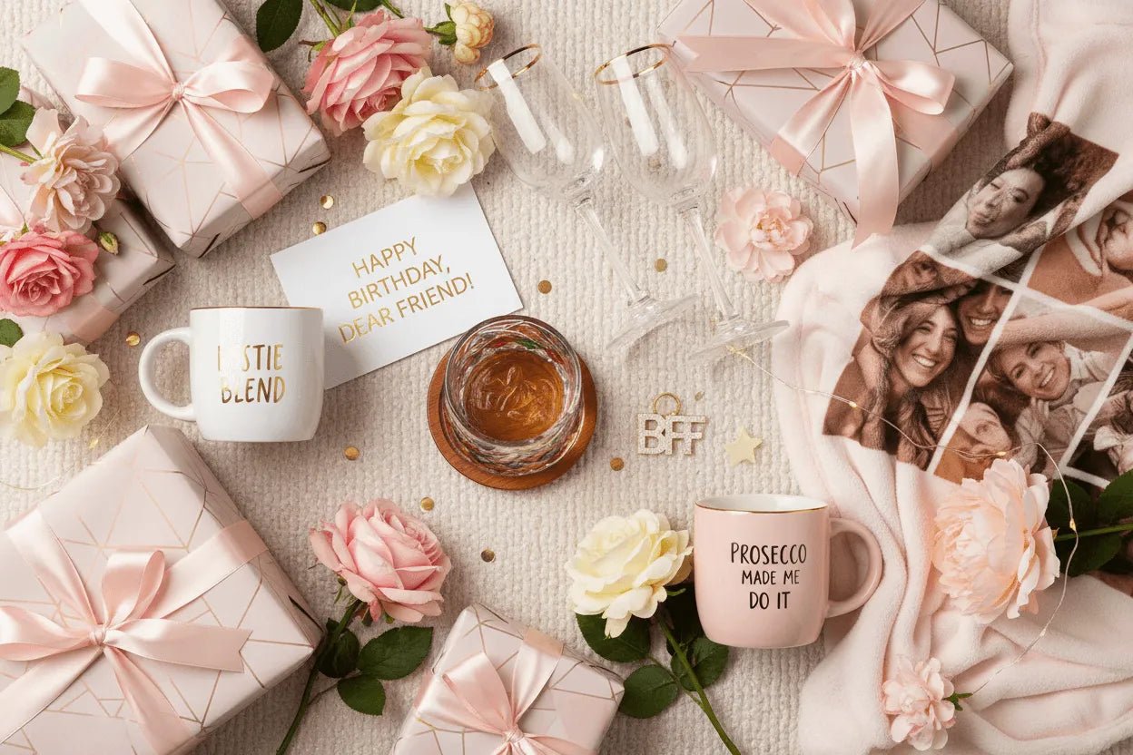 Birthday gift ideas for female friend featuring rotating whiskey glass, funny coffee mugs, wrapped presents, custom photo blanket, roses and birthday card - thoughtful gift guide