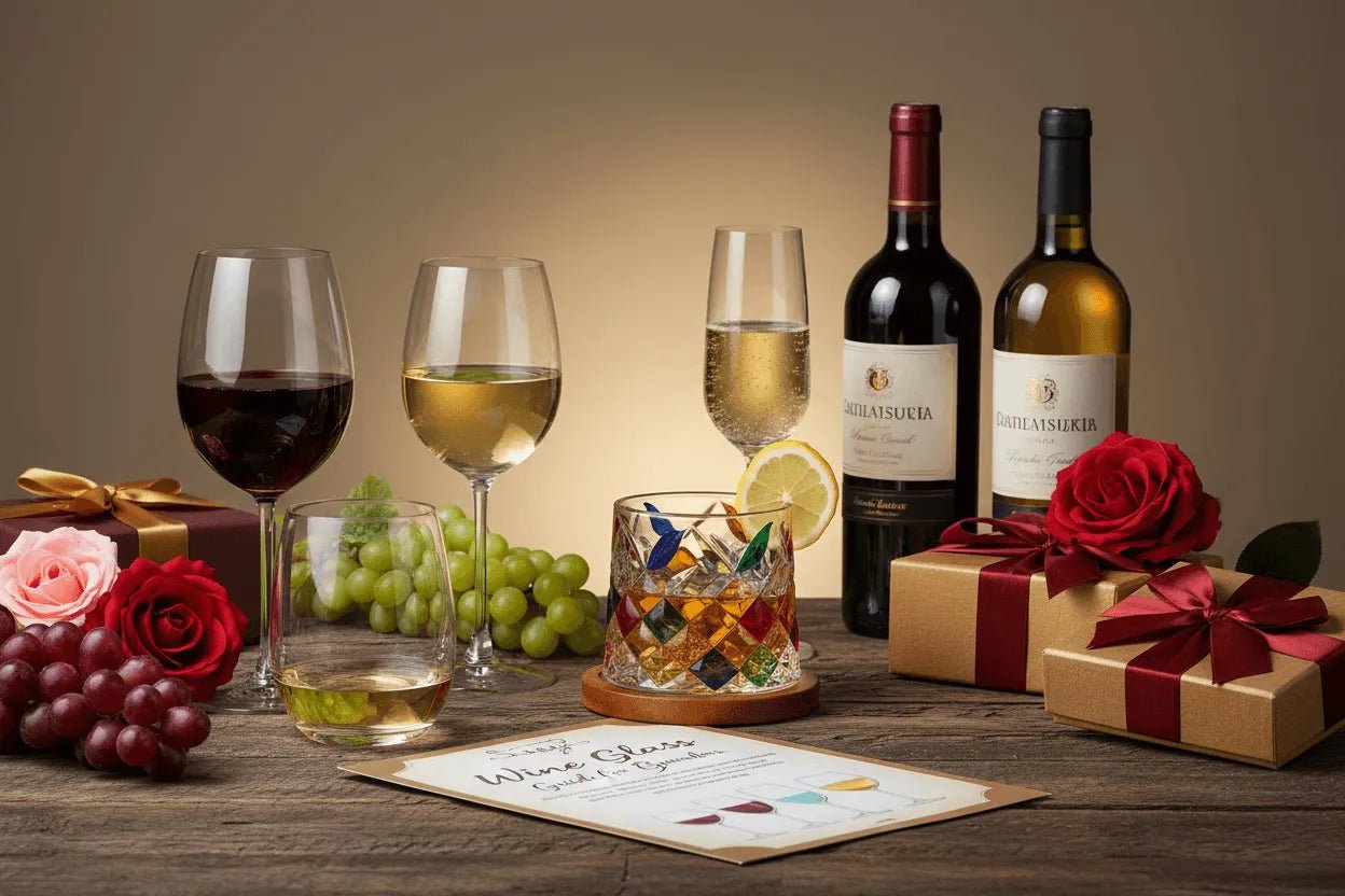 Wine glass selection guide featuring red wine glass, white wine glass, champagne flute, colored rotating whiskey cup, wine bottles, grapes, roses and Valentine's Day gifts - beginner's guide