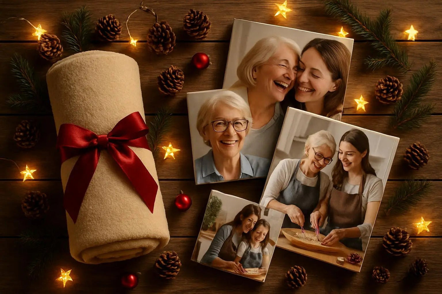 A selection of the best Christmas gifts for mom, including a rolled-up custom blankets and a stack of canvas prints with festive decorations.