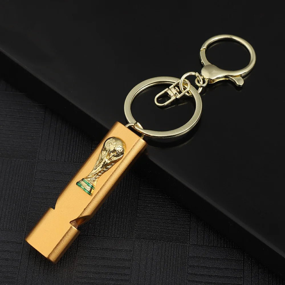 World Cup Trophy Whistle Keychain, 4 Colors Metal Emergency Whistle with Key Ring, Portable Football Fan Gift for Sports Party, Camping Hiking Survival Tool