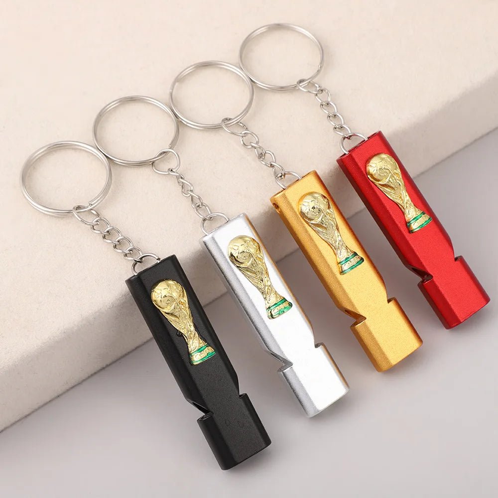 World Cup Trophy Whistle Keychain, 4 Colors Metal Emergency Whistle with Key Ring, Portable Football Fan Gift for Sports Party, Camping Hiking Survival Tool