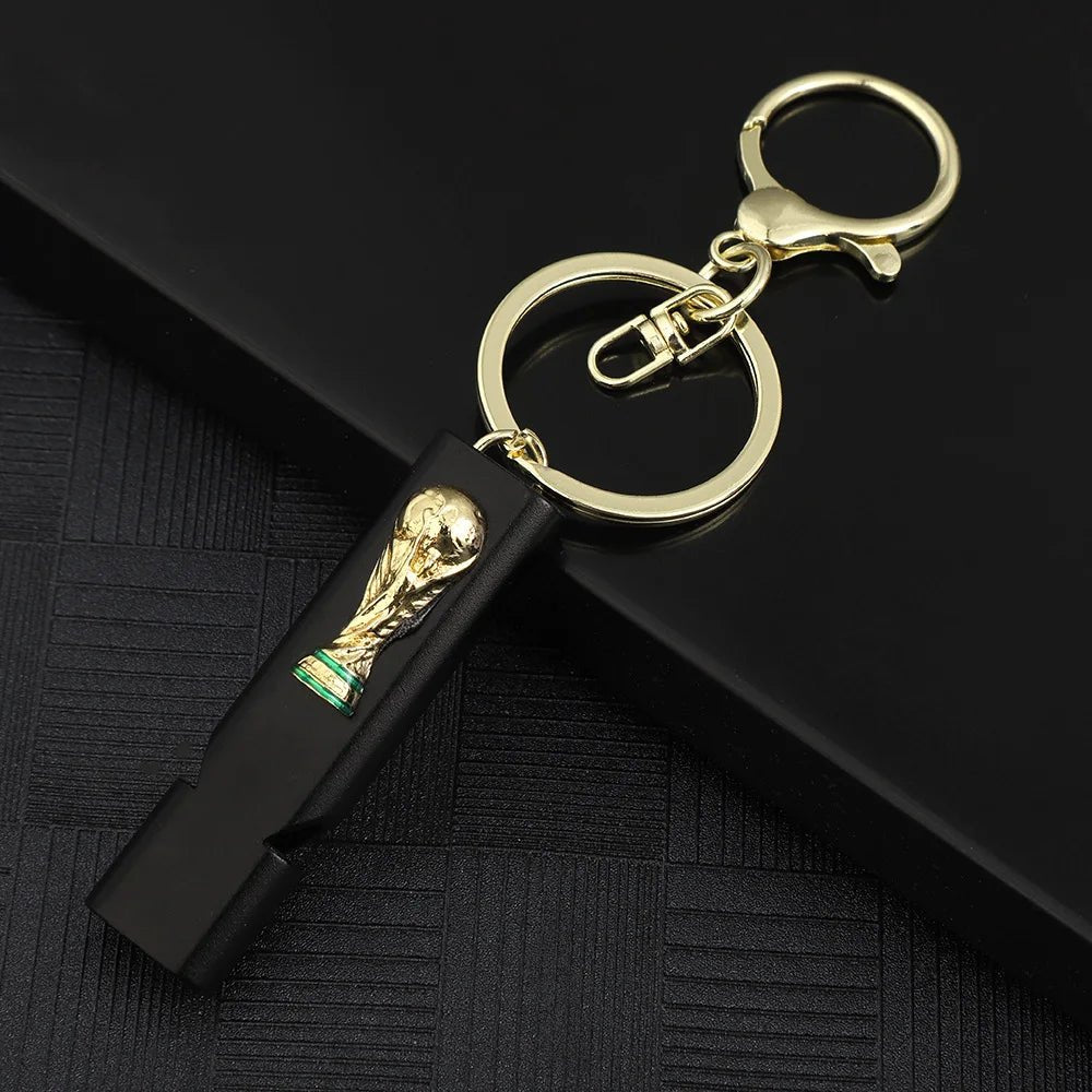 World Cup Trophy Whistle Keychain, 4 Colors Metal Emergency Whistle with Key Ring, Portable Football Fan Gift for Sports Party, Camping Hiking Survival Tool