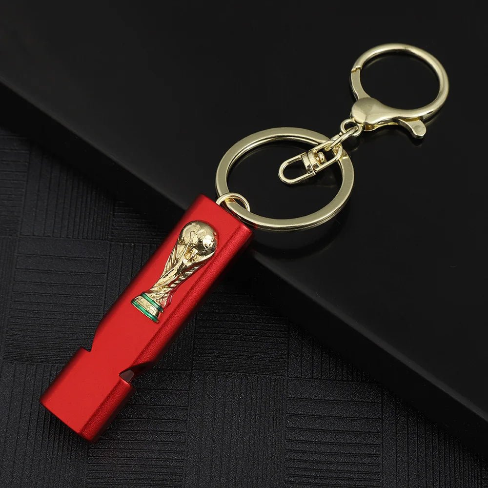 World Cup Trophy Whistle Keychain, 4 Colors Metal Emergency Whistle with Key Ring, Portable Football Fan Gift for Sports Party, Camping Hiking Survival Tool