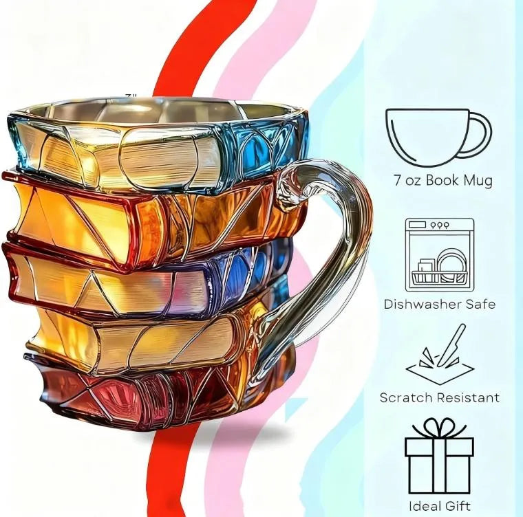 3D Painted Book Coffee Mug 350ml Glass Stained-Color Book Stack Design Literary Gift PrintToucan