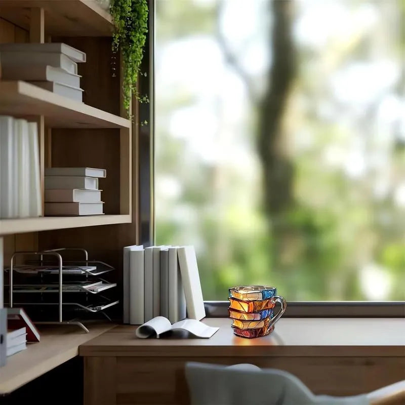 3D Painted Book Coffee Mug 350ml Glass Stained-Color Book Stack Design Literary Gift PrintToucan