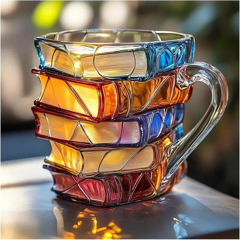 3D Painted Book Coffee Mug 350ml Glass Stained-Color Book Stack Design Literary Gift PrintToucan