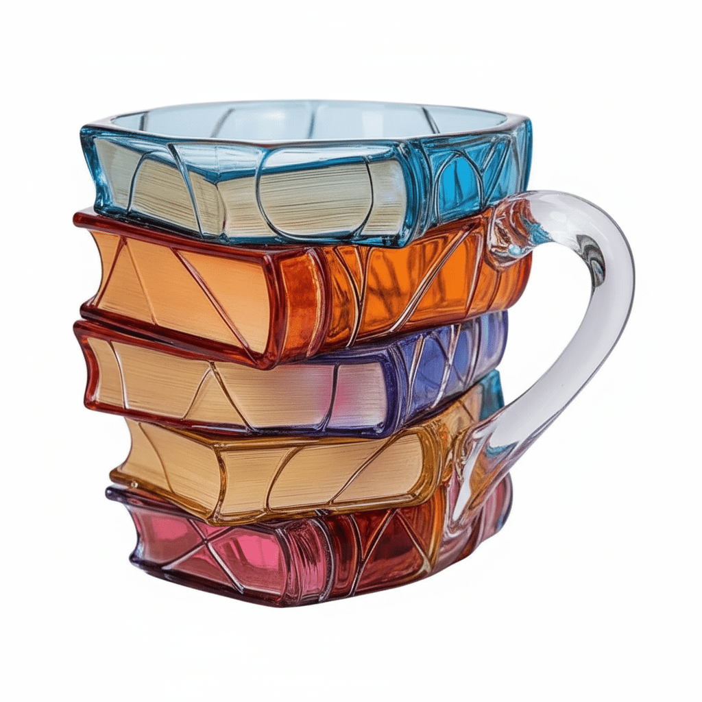 3D Painted Book Coffee Mug 191ml Soda Lime Glass Valentines Day Stacked Book Design Made in USA PrintToucan - PrintToucanStandard