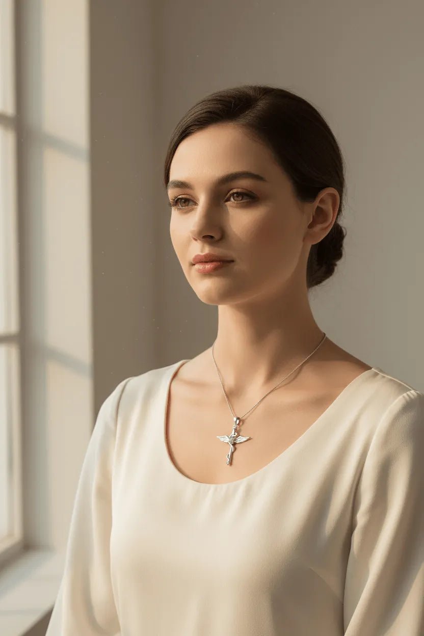 925 Sterling Silver Caduceus Winged Cross Pendant Necklace with Heart CZ Christian Medical Jewelry Gift PrintToucan - PrintToucanNecklacePT-CROSS-HEART-BLUE