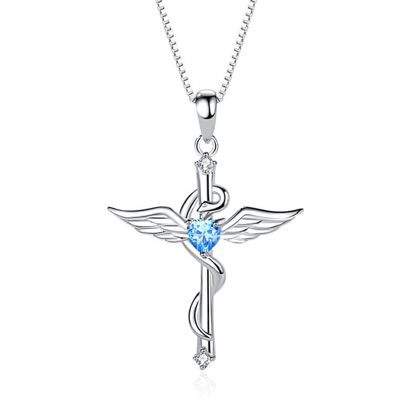 925 Sterling Silver Caduceus Winged Cross Pendant Necklace with Heart CZ Christian Medical Jewelry Gift PrintToucan - PrintToucanNecklacePT-CROSS-HEART-BLUE