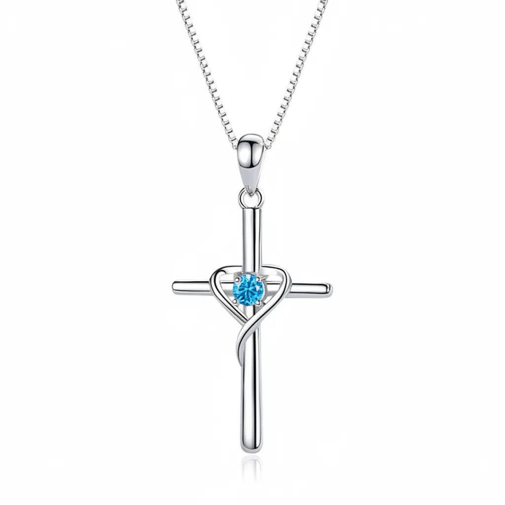 925 Sterling Silver Heart Wrapped Cross Pendant Necklace Cubic Zirconia Christian Jewelry PrintToucan - PrintToucanNecklacePT-CROSS-HEART-BLUE