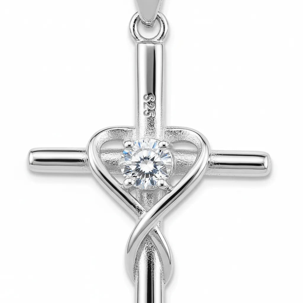 925 Sterling Silver Heart Wrapped Cross Pendant Necklace Cubic Zirconia Christian Jewelry PrintToucan - PrintToucanNecklacePT-CROSS-HEART-WHITE