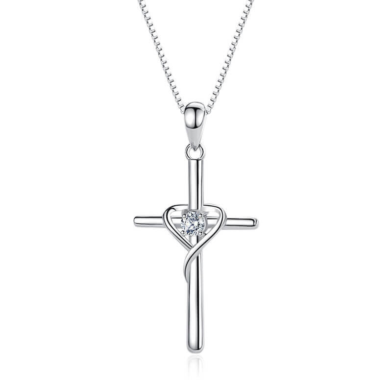 925 Sterling Silver Heart Wrapped Cross Pendant Necklace Cubic Zirconia Christian Jewelry PrintToucan - PrintToucanNecklacePT-CROSS-HEART-WHITE