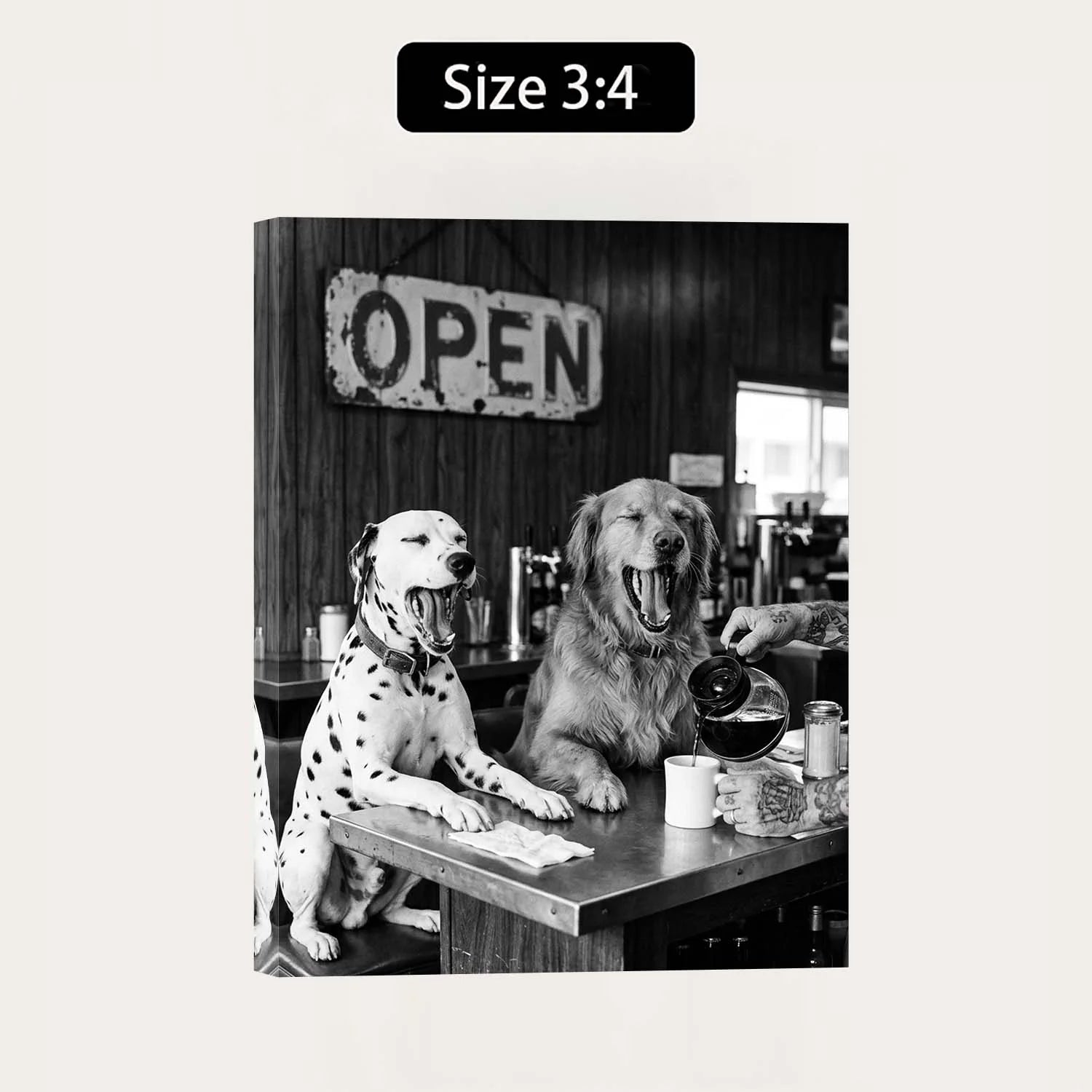 Dogs at the Coffee Bar Canvas Wall Art – Funny Black & White Café Décor | PrintToucan