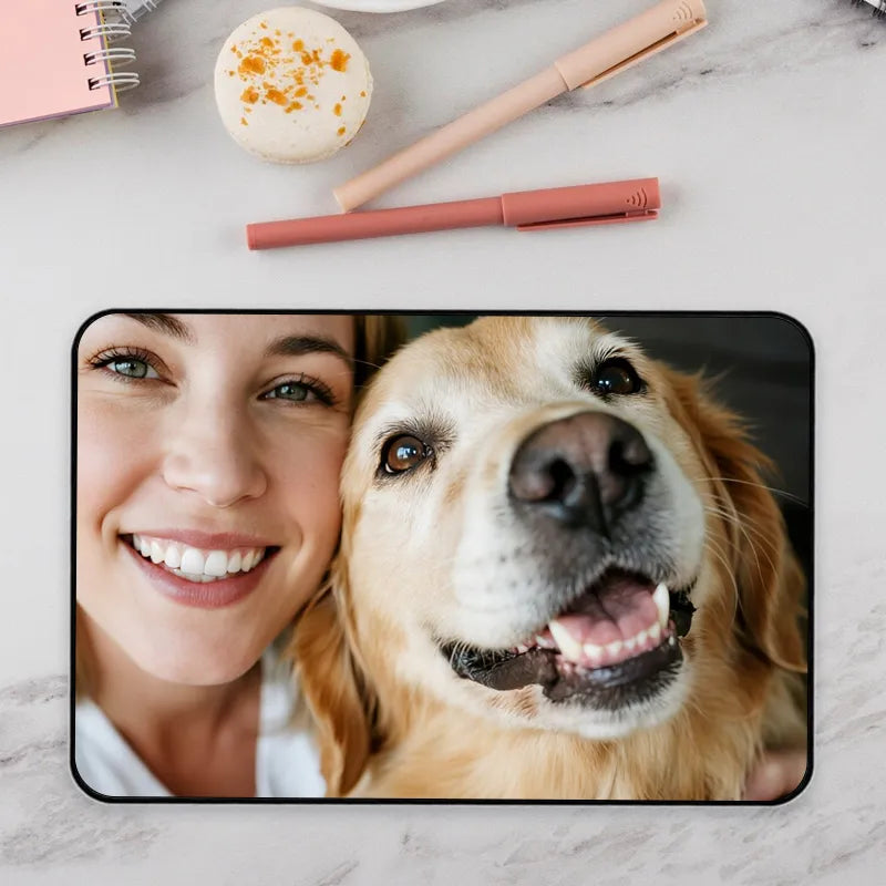 Custom Desk Mat with a smiling woman and a golden retriever.