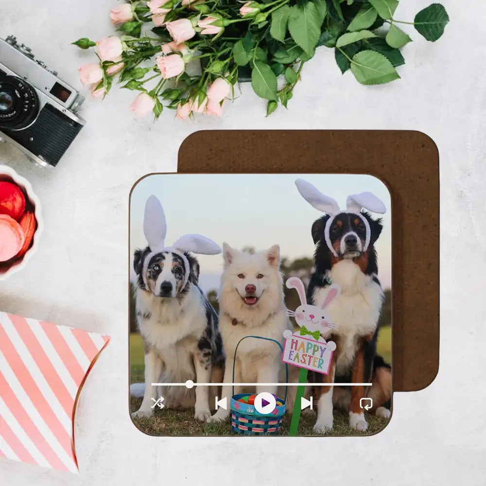 Custom hardboard coaster with personalized design for pet lovers, featuring a playful dog illustration and custom text, ready to add charm to your tabletop.