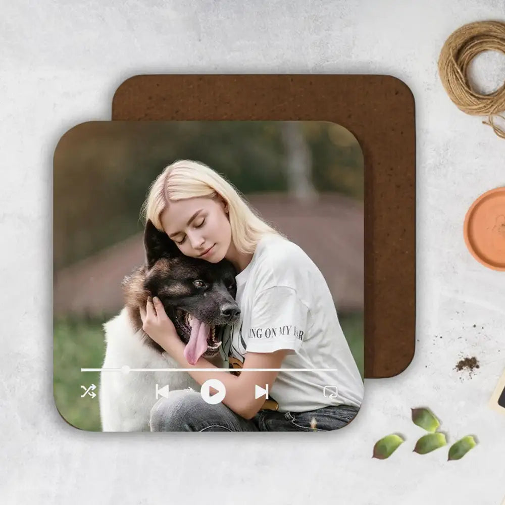 Customizable hardboard back coaster designed for pet lovers, with personalized pet illustrations and text – perfect for home decor or gifting.