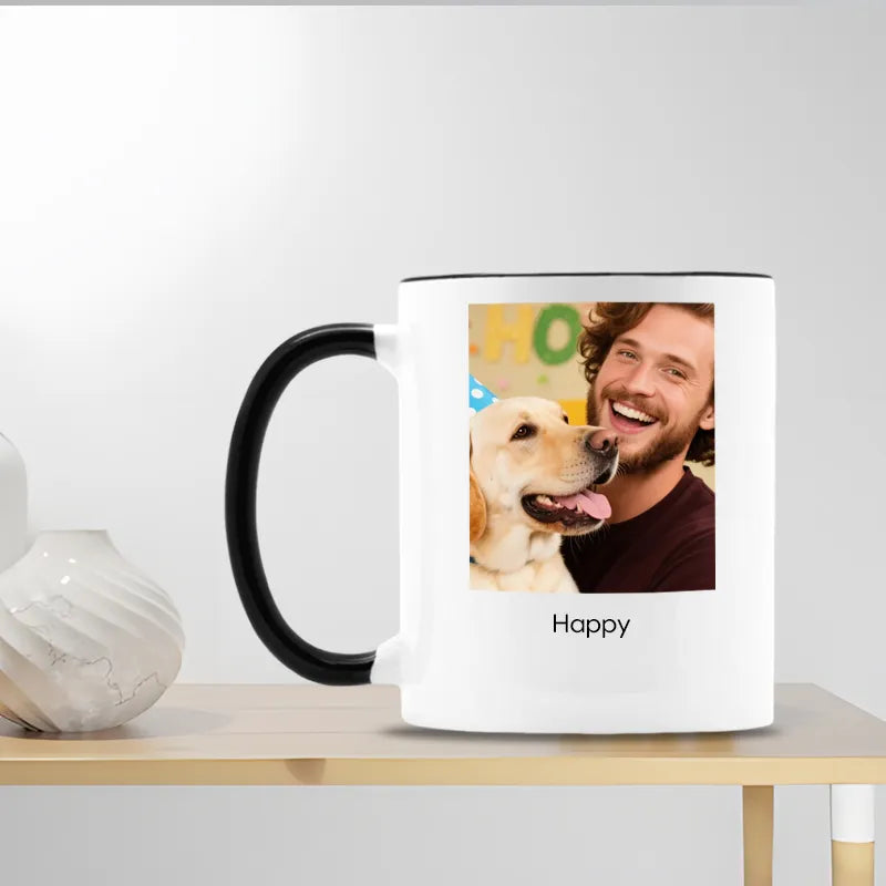 Custom Mug with man, dog photo, “Happy” text