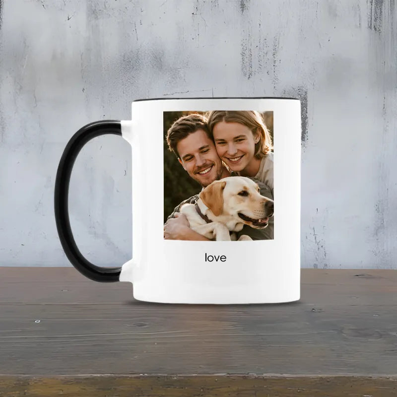 Custom Mug with two people, dog photo, “love” text
