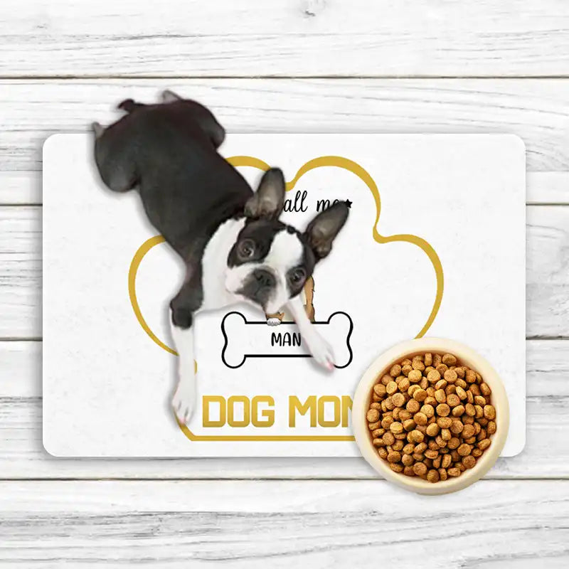 Custom pet food mat with 'Just Call Me Dog Mom' text - Personalized non-slip feeding station for dogs