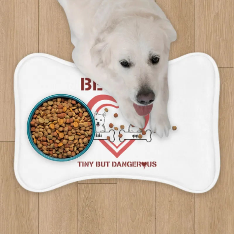 Cozy custom pet feeding mat, personalized for dog lovers. A content dog lounges on it, creating a warm mealtime scene.