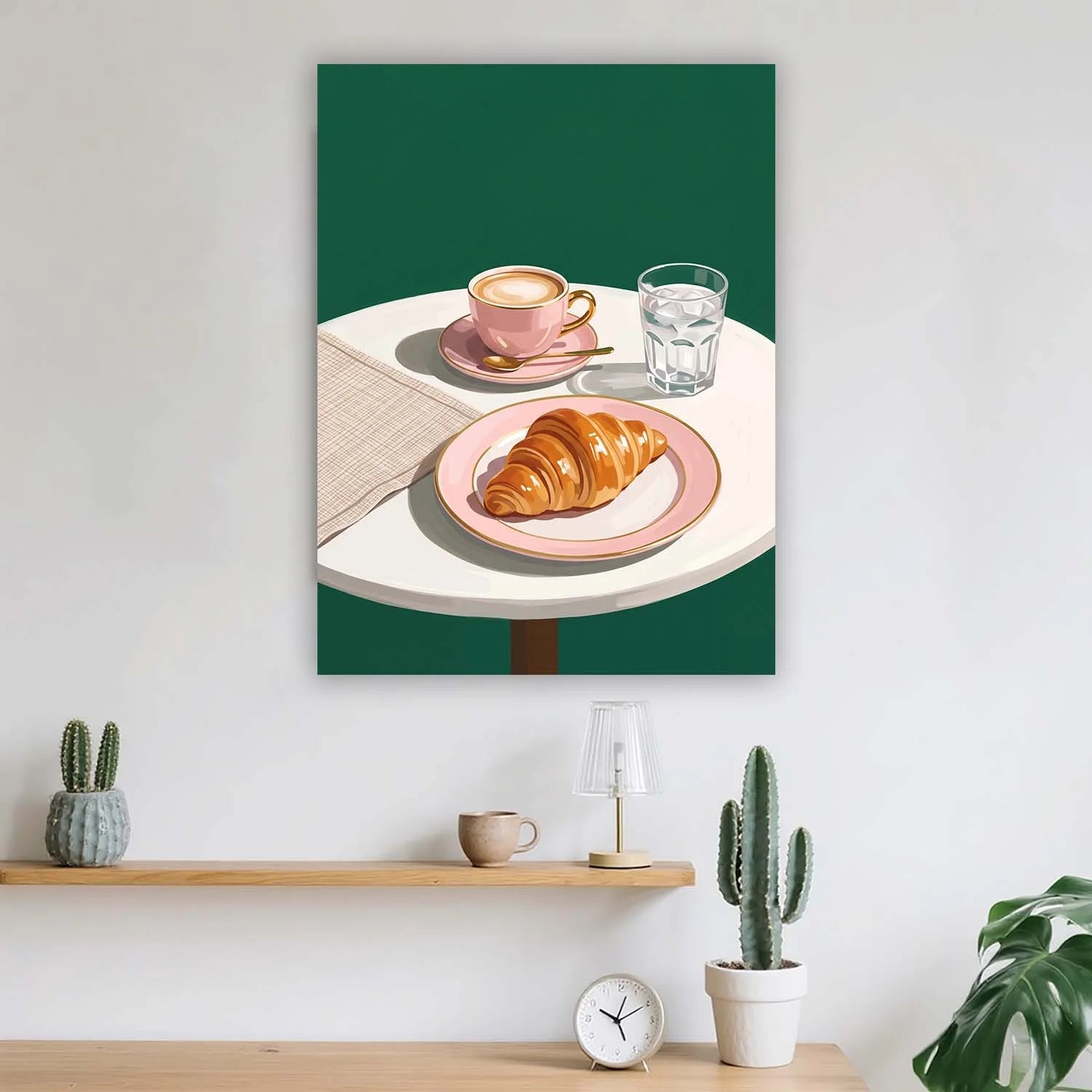Croissant & Latte Café Canvas Wall Art – Minimalist Coffee Shop Décor | PrintToucan