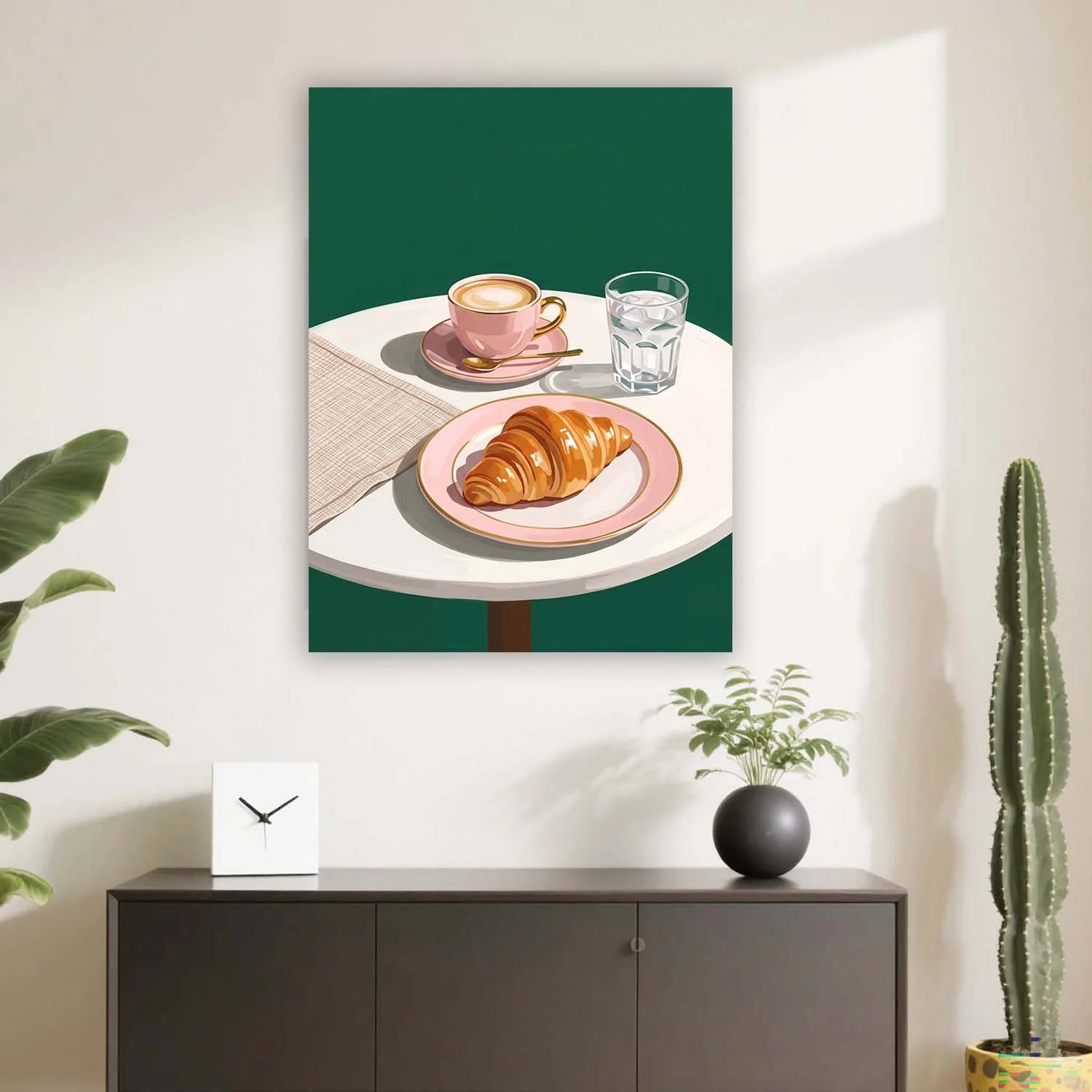 Croissant & Latte Café Canvas Wall Art – Minimalist Coffee Shop Décor | PrintToucan