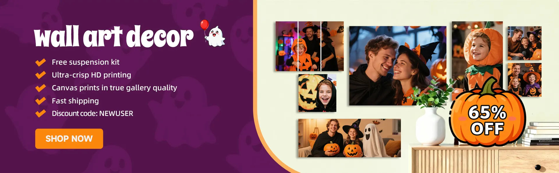 Wide Halloween wall art decor banner with a purple background (ghost motifs), showcasing canvas prints of families celebrating Halloween, plus product benefits and a "65% OFF" pumpkin icon.