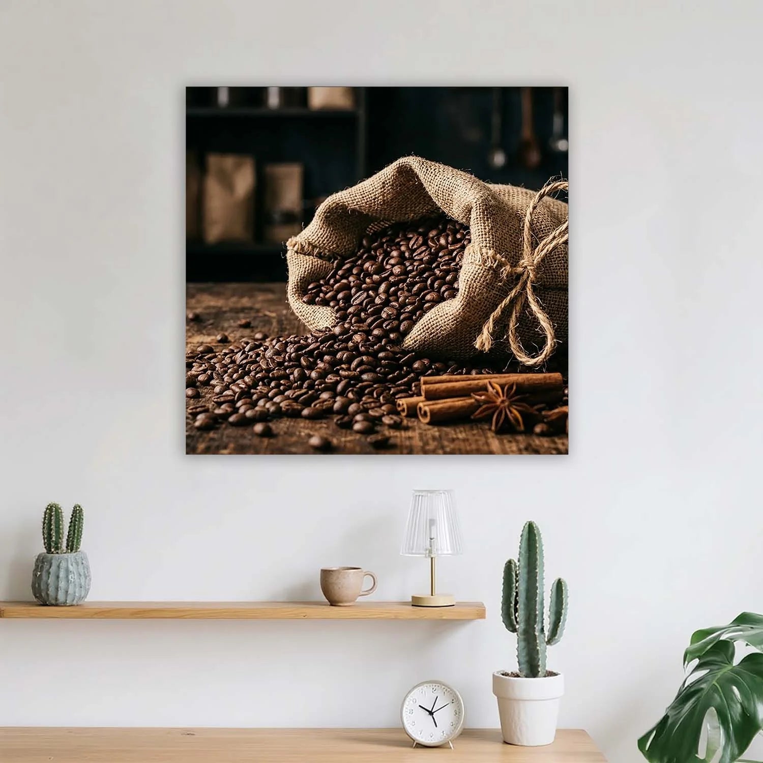 Coffee Beans & Burlap Sack Canvas Wall Art – Rustic Café Décor | PrintToucan