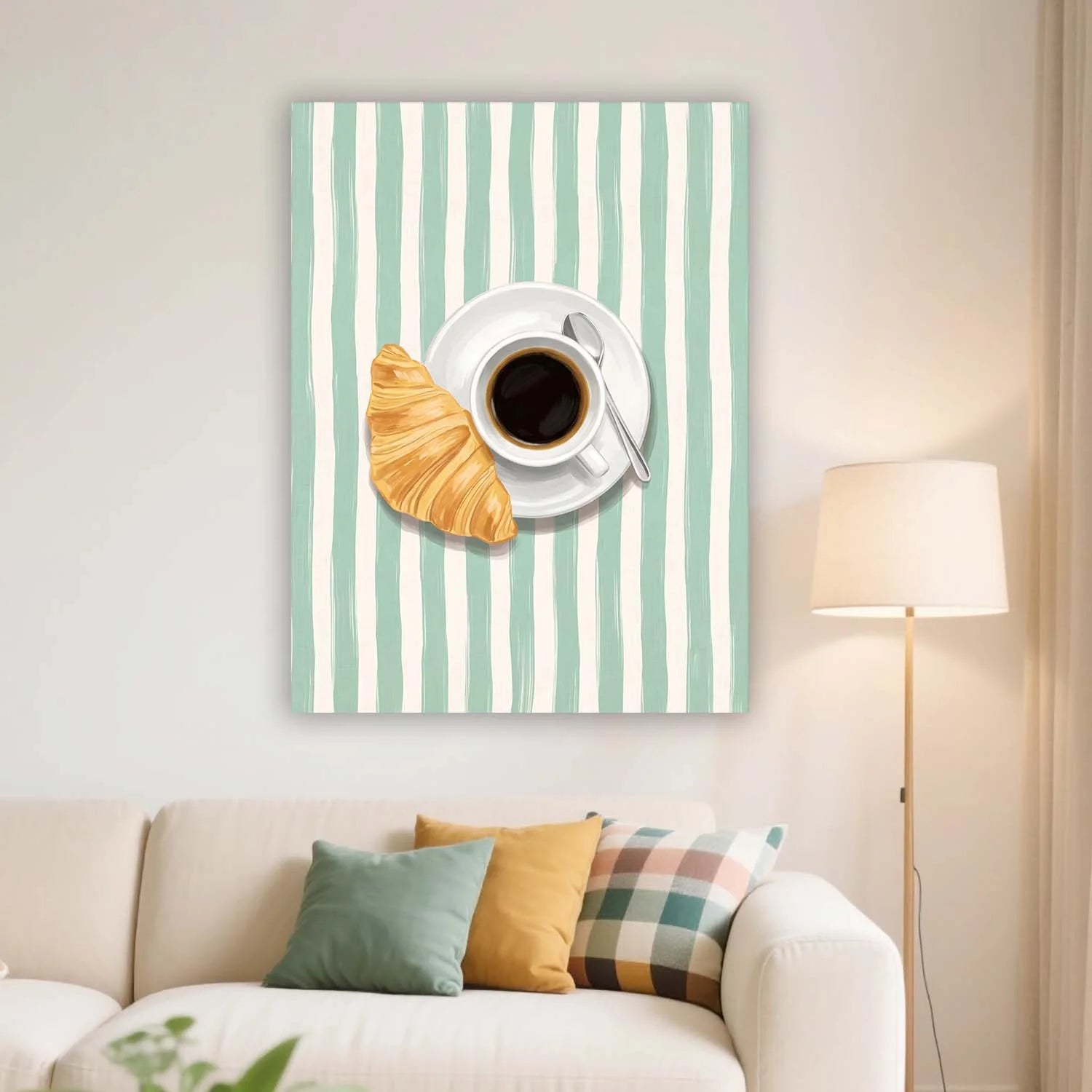 Croissant & Espresso French Café Canvas Wall Art – Minimalist Coffee Shop Décor | PrintToucan