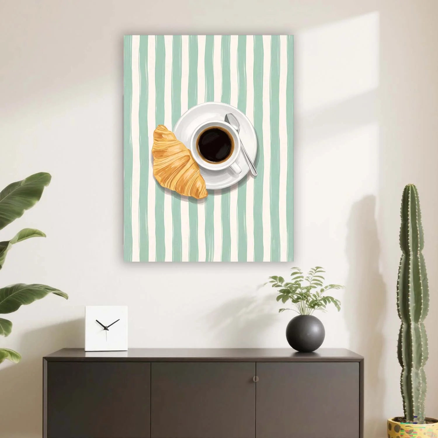 Croissant & Espresso French Café Canvas Wall Art – Minimalist Coffee Shop Décor | PrintToucan