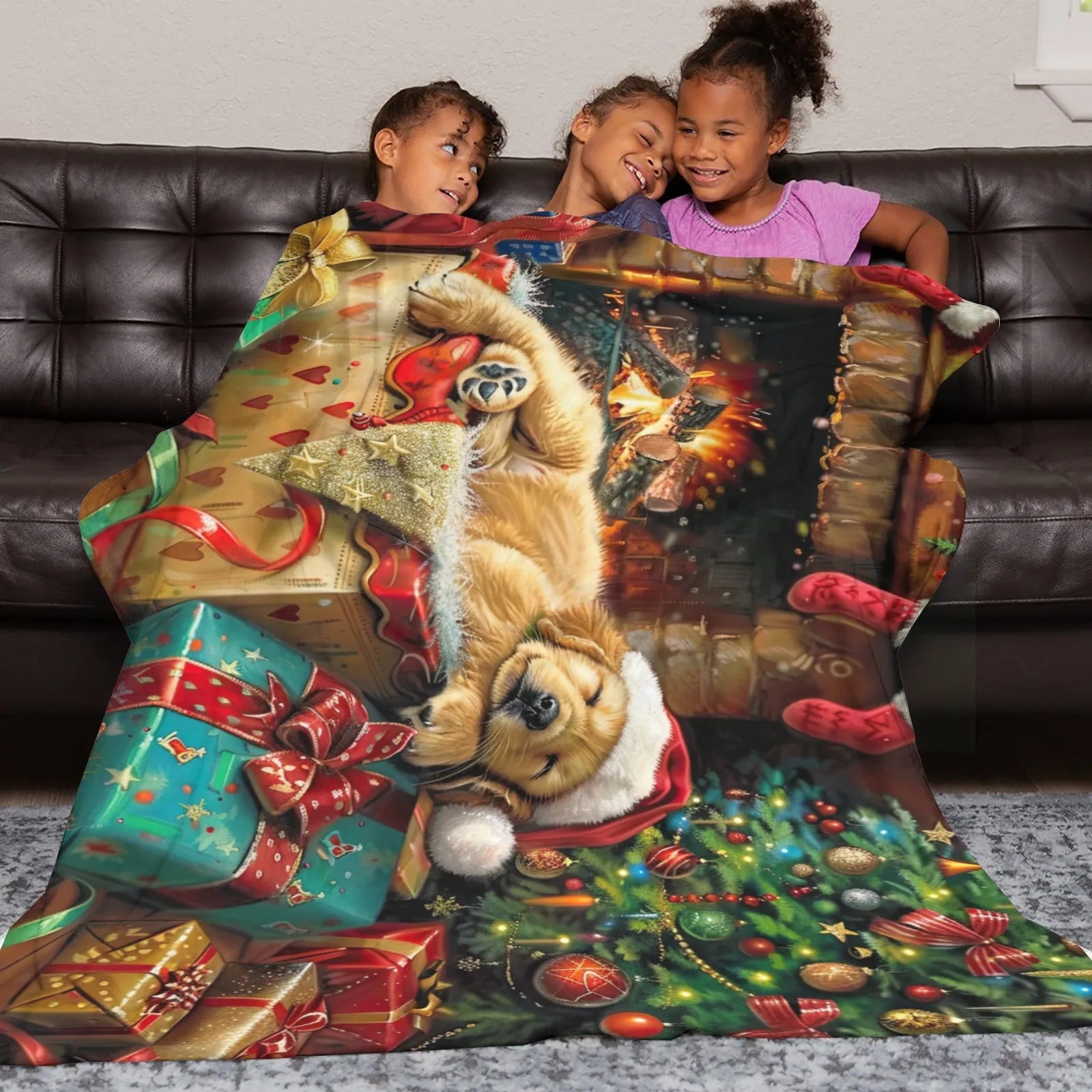 Blankets 1150g Flannel Christmas Golden Retriever With Santa Hat Holiday Fireplace Scene Weighted Baby Blankets PrintToucan - PrintToucanChrismas Gift150cm x 200cm/60"x80"