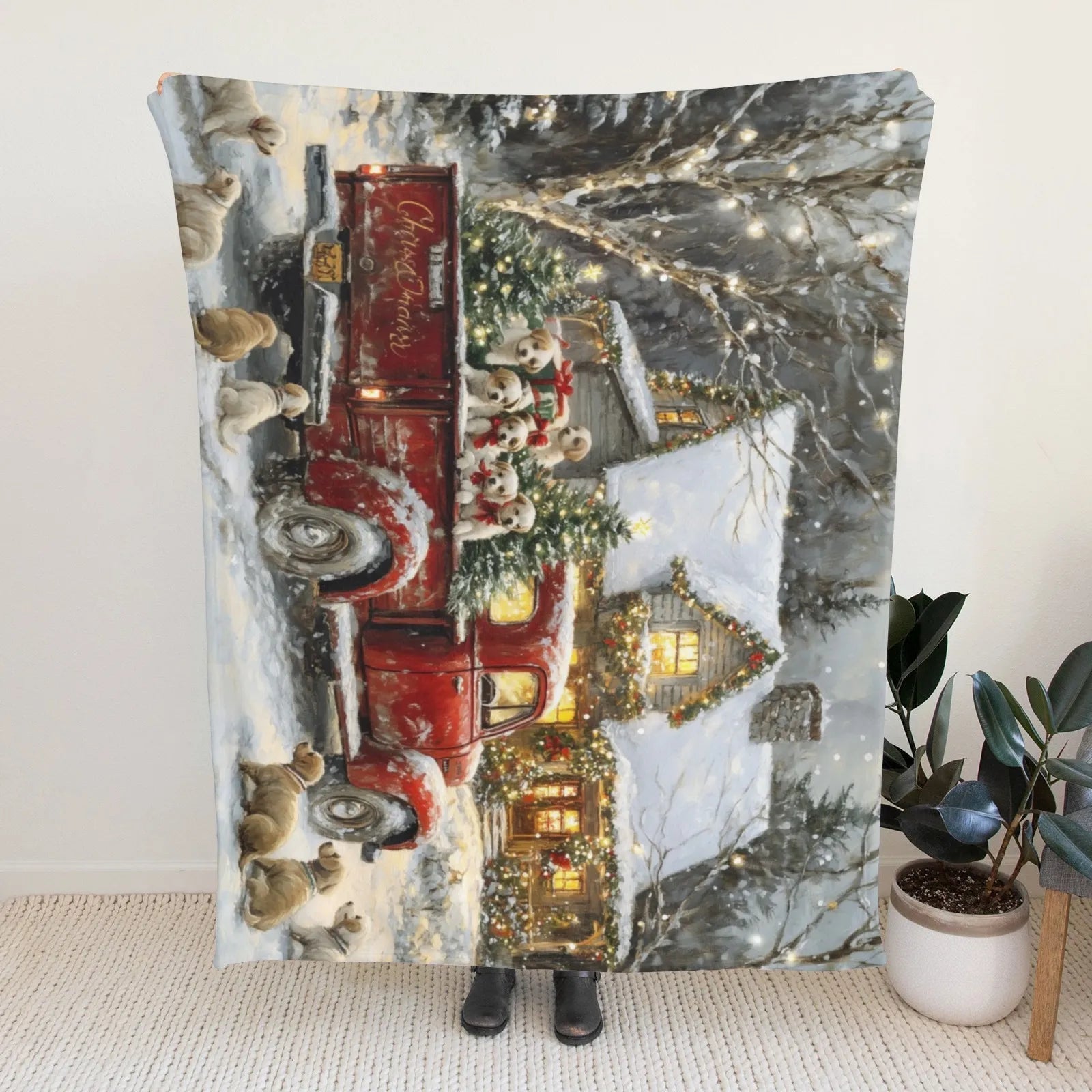Blankets 1150g Flannel Christmas Holiday Red Truck with Puppies & Snowy House Weighted Baby Blankets PrintToucan - PrintToucanChrismas Gift150cm x 200cm/60"x80"
