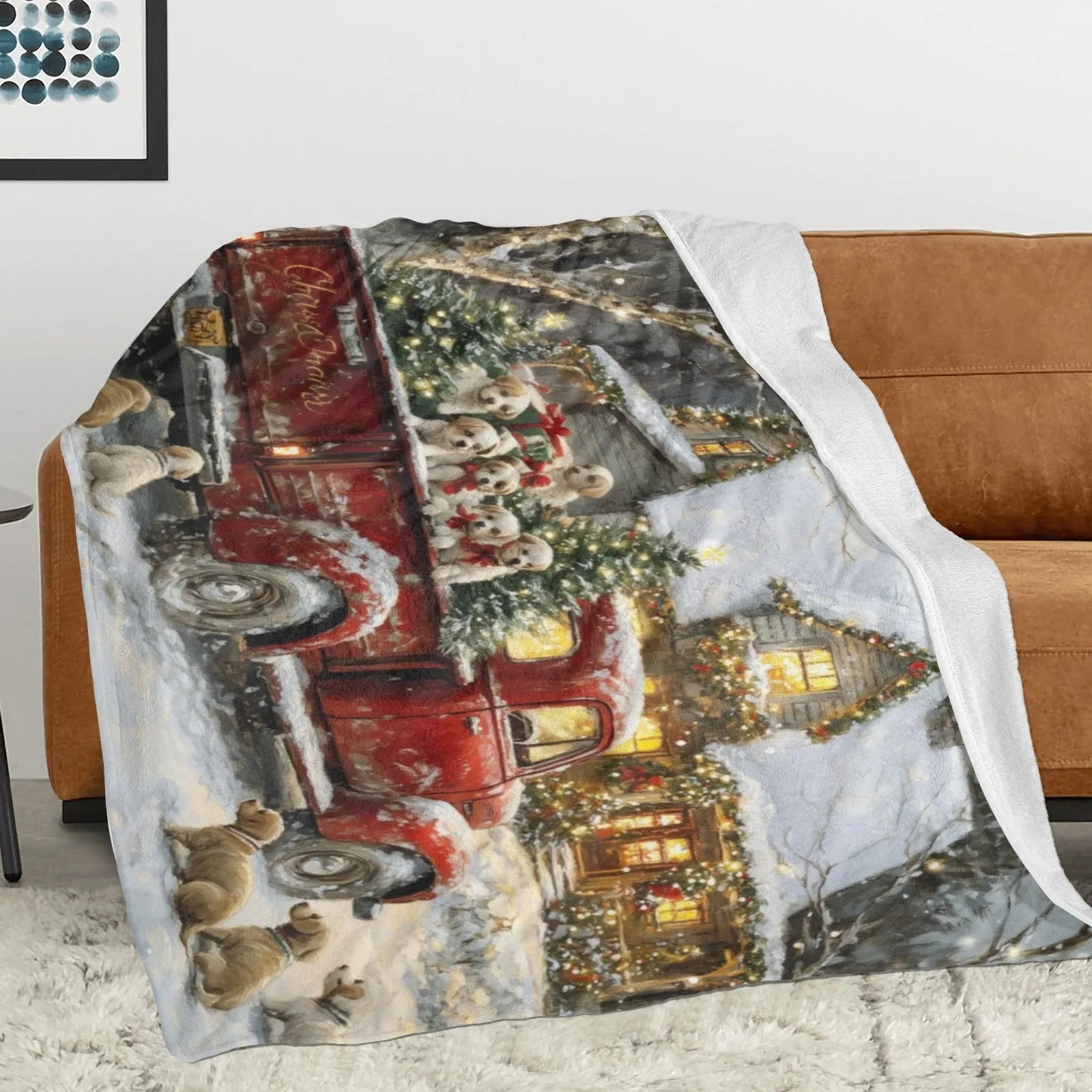 Blankets 1150g Flannel Christmas Holiday Red Truck with Puppies & Snowy House Weighted Baby Blankets PrintToucan - PrintToucanChrismas Gift150cm x 200cm/60"x80"