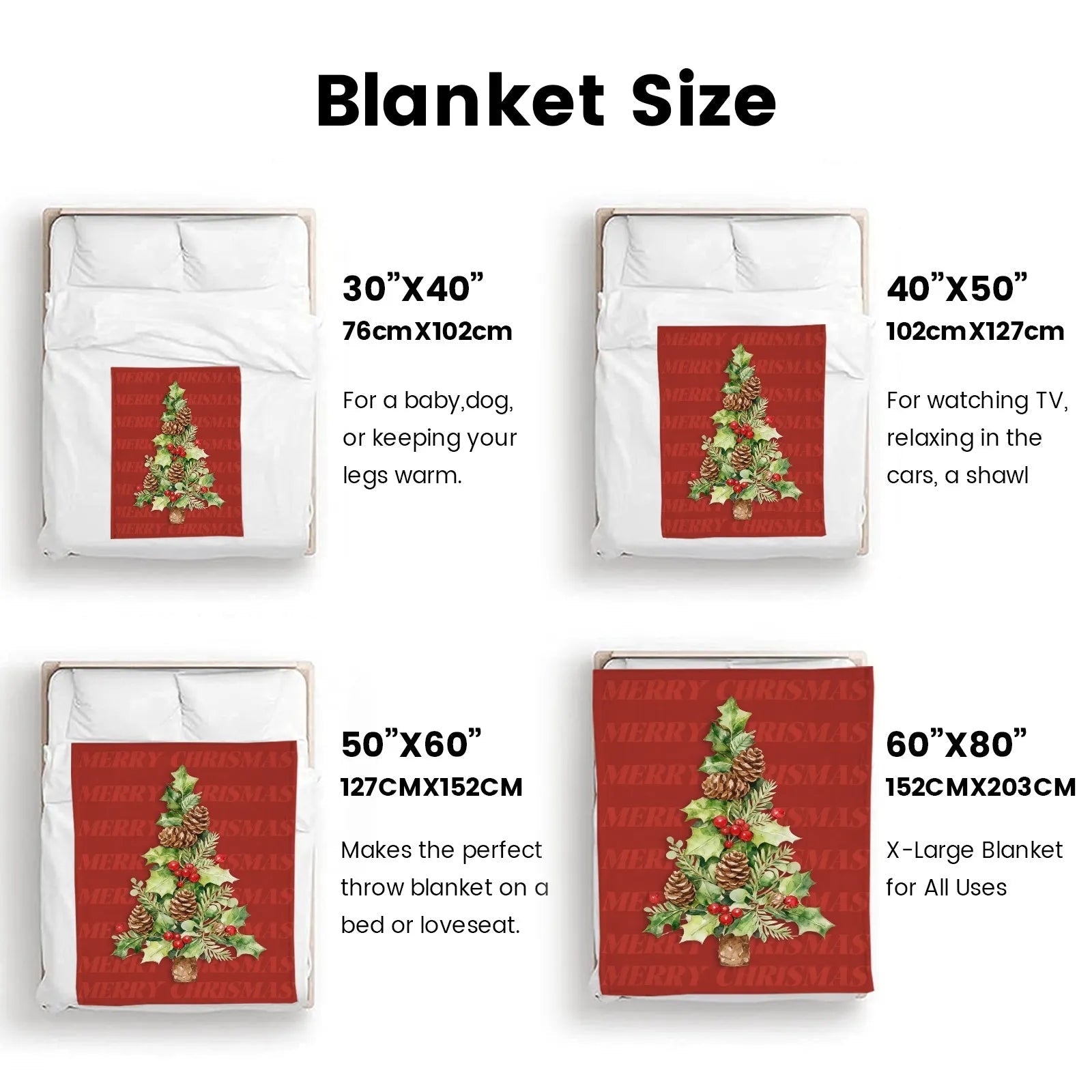 Blankets 1150g Flannel Christmas Holly Tree Red Pattern Weighted Baby Blanket Holiday Home Decor PrintToucan - PrintToucanChrismas Gift150cm x 200cm/60"x80"