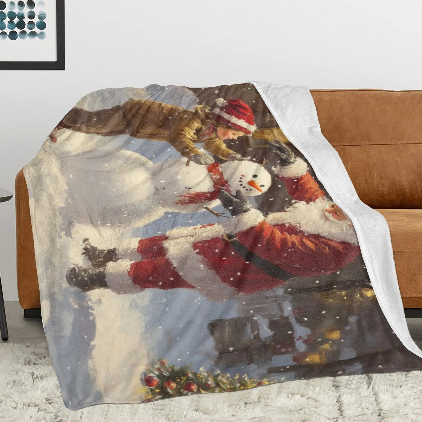 Blankets 1150g Flannel Christmas Theme Santa and Child Building Snowman Scene Weighted Baby Blankets PrintToucan - PrintToucanChrismas Gift150cm x 200cm/60"x80"