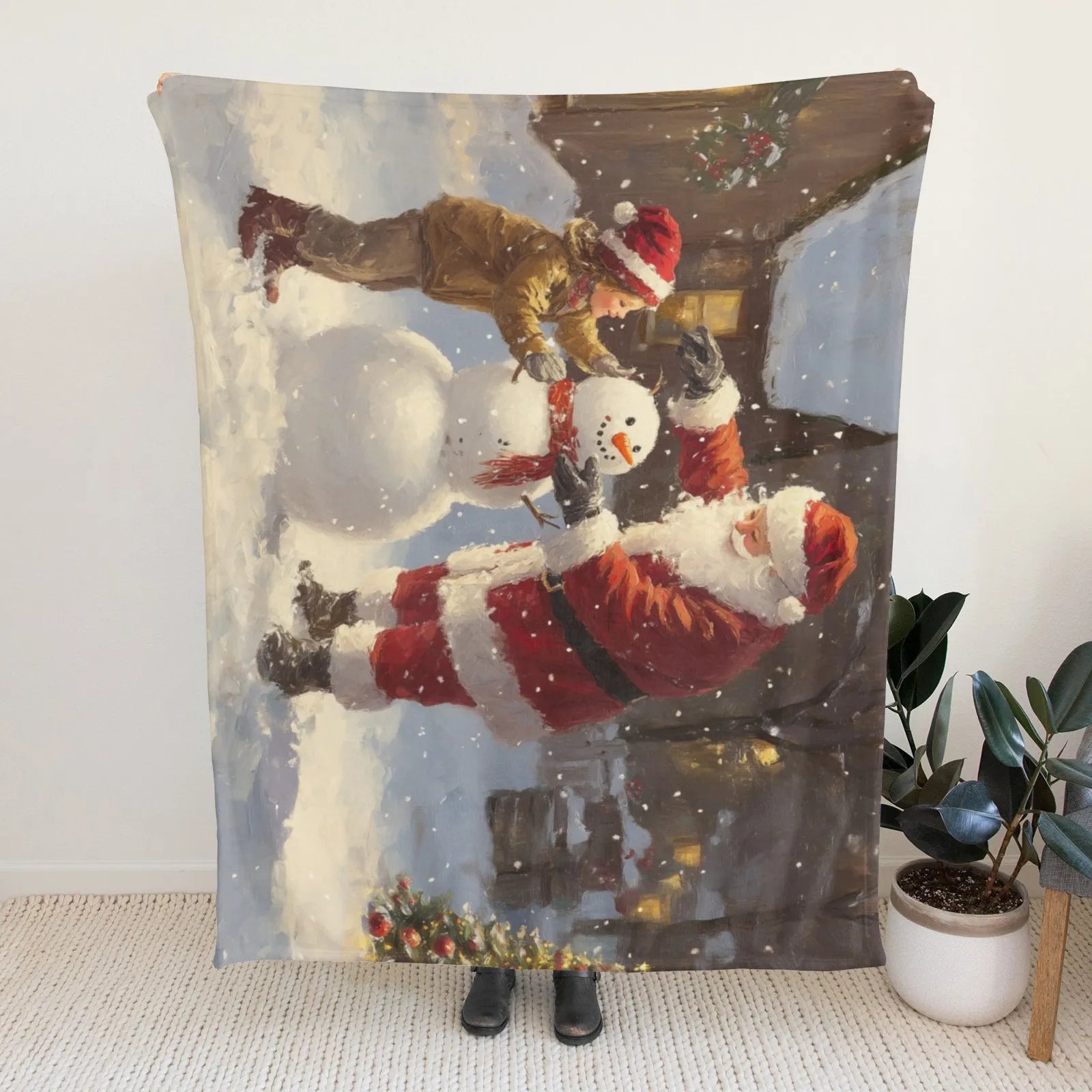 Blankets 1150g Flannel Christmas Theme Santa and Child Building Snowman Scene Weighted Baby Blankets PrintToucan - PrintToucanChrismas Gift150cm x 200cm/60"x80"